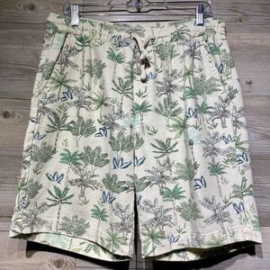 Zara Casual Bermuda Shorts Mens Large Drawstring Pockets Woven Cotton Palm Tree